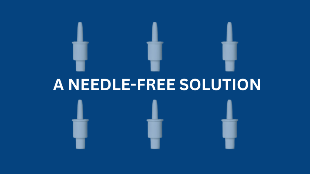 Six Nasdepi devices on blue background, showcasing needle-free epinephrine