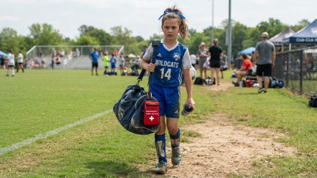 young girl in a soccer jersey walking off a field while carrying a duffel bag with an "Allergy Emergency" pouch