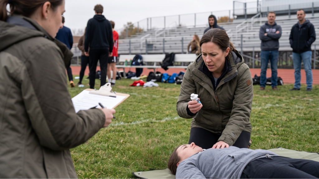A woman kneeling outdoors on a sports field next to a person lying on a mat, holding a NASDEPI nasal spray device while another person takes notes on a clipboard.