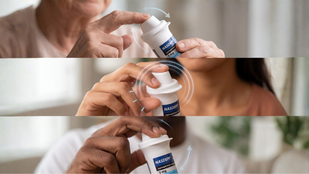 A three-panel image demonstrating how to use the NASDEPI epinephrine nasal spray device, showing close-ups of different people holding and pressing the device nozzle.