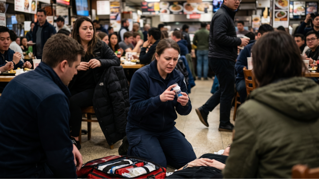 A female paramedic kneeling beside a patient lying on the floor in a crowded restaurant, inspecting a NASDEPI nasal spray container while preparing to administer aid.