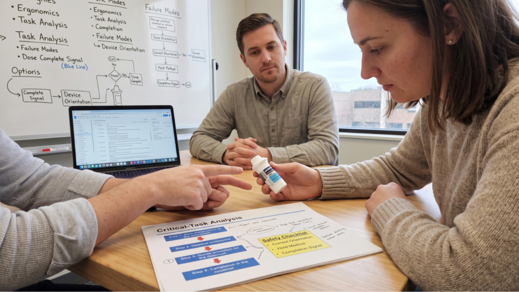 Three colleagues gathered around a wooden conference table evaluating a NASDEPI nasal spray prototype alongside a "Critical-Task Analysis" document and a whiteboard with process flowcharts.
