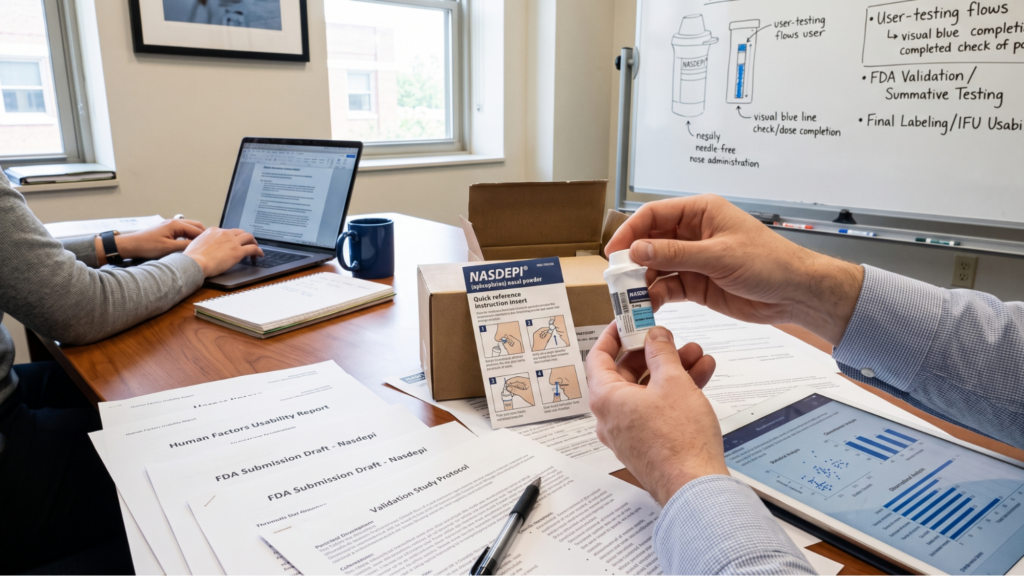Close-up of a person holding a NASDEPI nasal powder device above regulatory submission documents, including an FDA Submission Draft and Human Factors Usability Report.