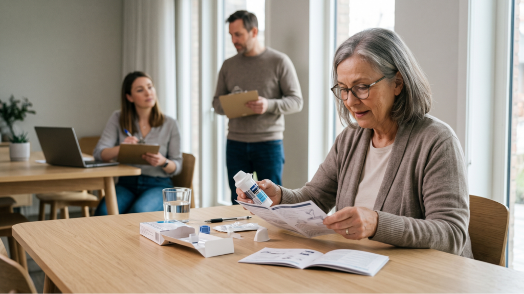 An older woman with glasses seated at a table reading product instructions while holding a NASDEPI nasal spray device, with two observers holding clipboards in the background.